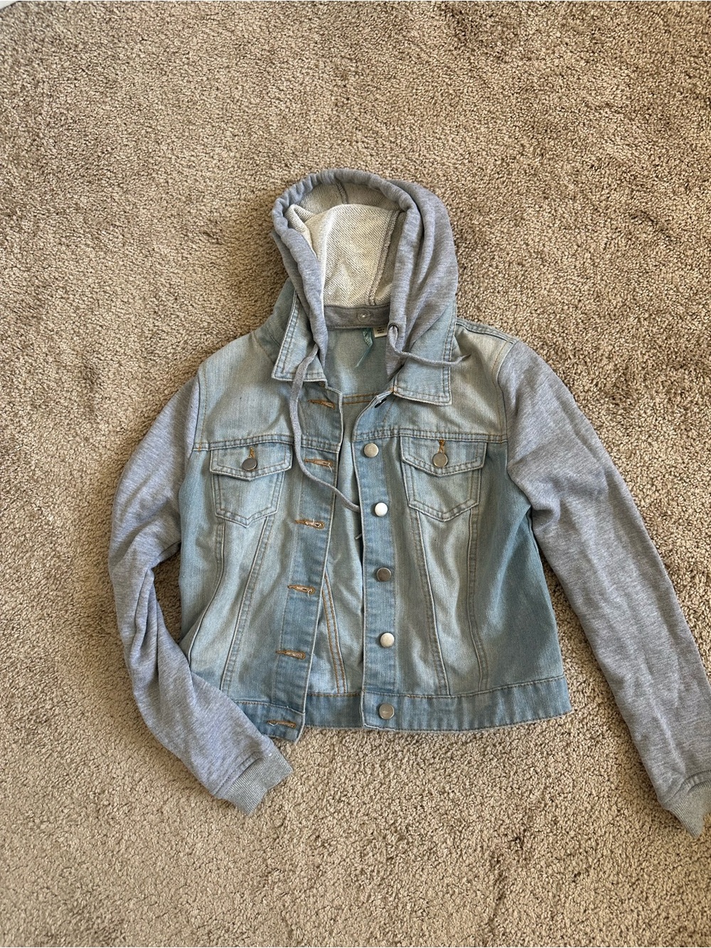 Light Blue Denim Jacket with Gray Hoodie Sleeves